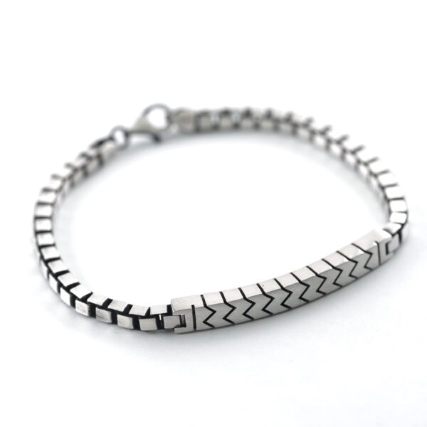 Rhodium Plated Brushed Sterling Silver Zigzag Pattern Cube Chain Silver Bracelet