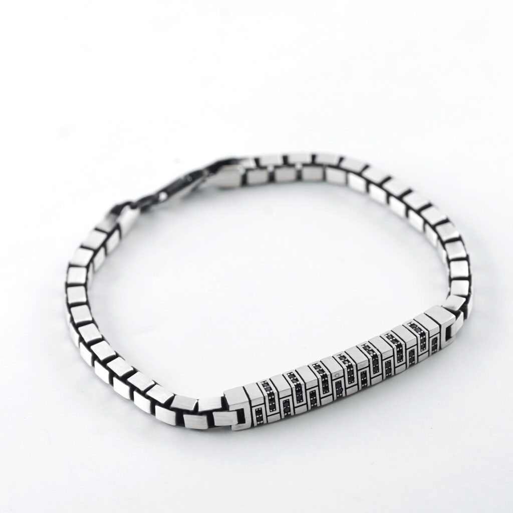 Rhodium Plated Brushed Sterling Silver Black Stones Studded Bracelet