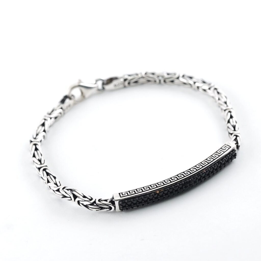 Black Rhodium Plated Brushed Sterling Silver Versace Zircon Stones Studded Bracelet