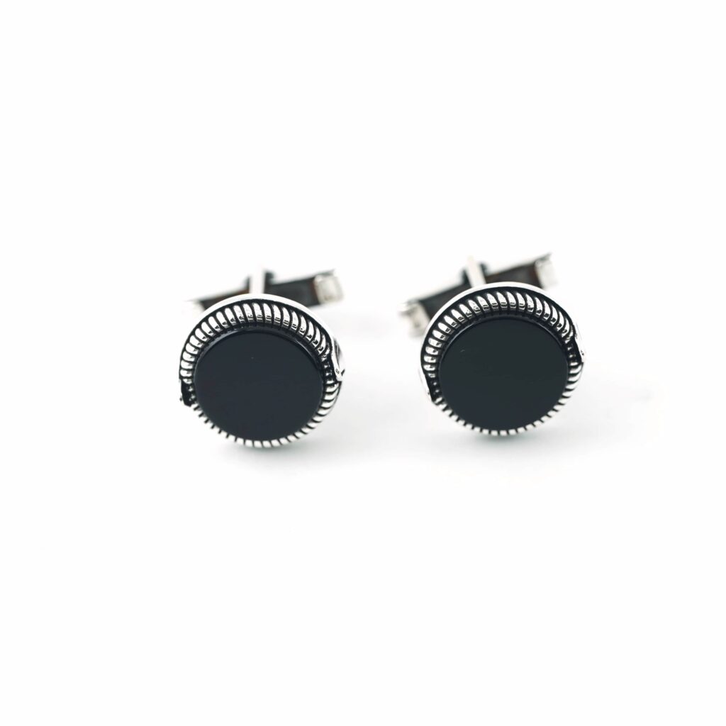 Sterling Silver Frame Round Shape Black Onyx Stone Cufflinks