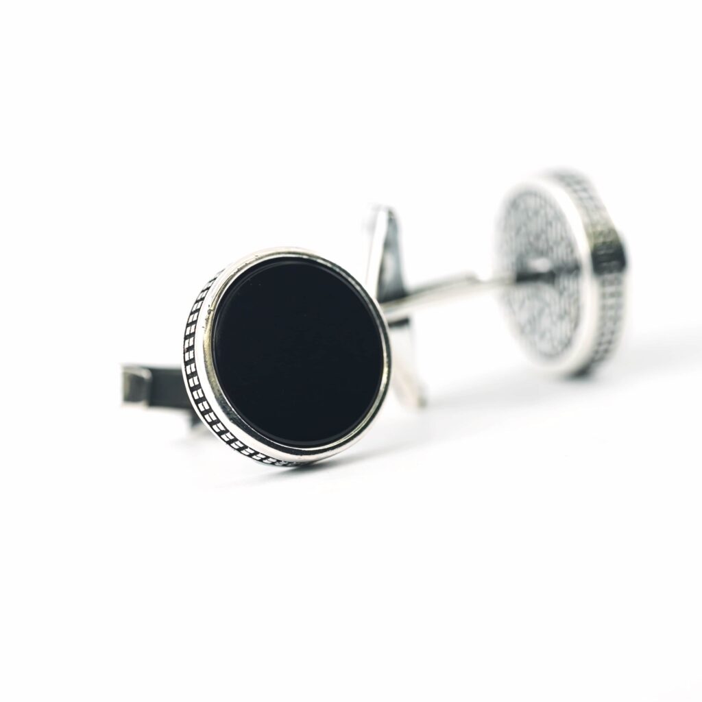 Sterling Silver Round Shape Black Onyx Stone Cufflinks