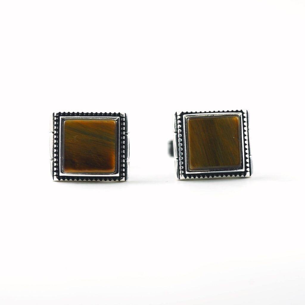 Sterling Silver Square Shape Tiger Eye Stone Cufflinks