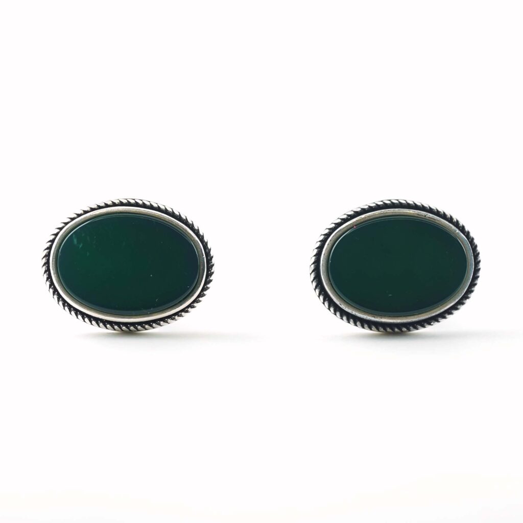 Sterling Silver Oval Shape Green Onyx Stone Cufflinks