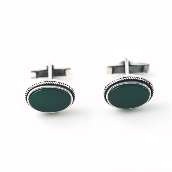 Sterling Silver Oval Shape Green Onyx Stone Cufflinks - Image 2