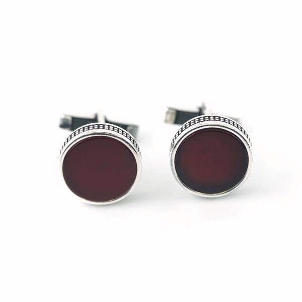 Sterling Silver Round Shape Agate Stone Cufflinks - Image 3