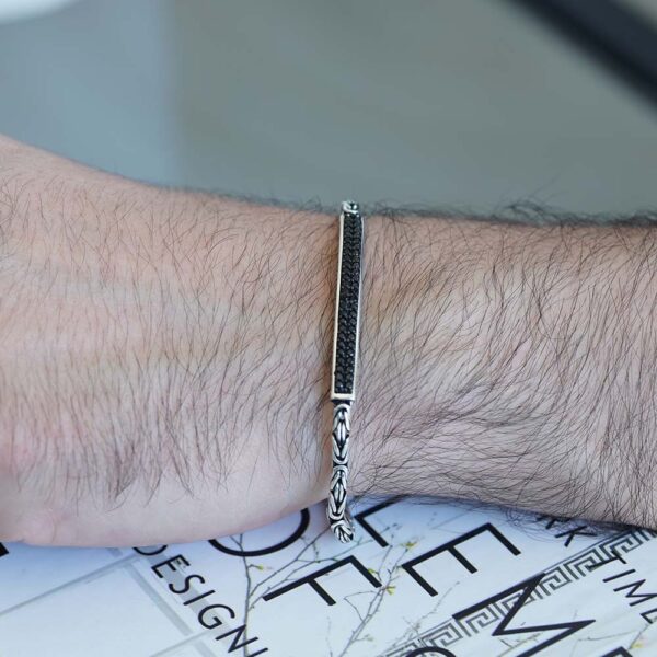 Black Rhodium Plated Brushed Sterling Silver Versace Zircon Stones Studded Bracelet - Image 3