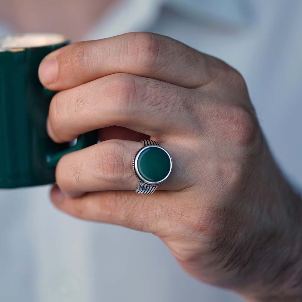 Round Green Agate Prince 925 Silver Ring