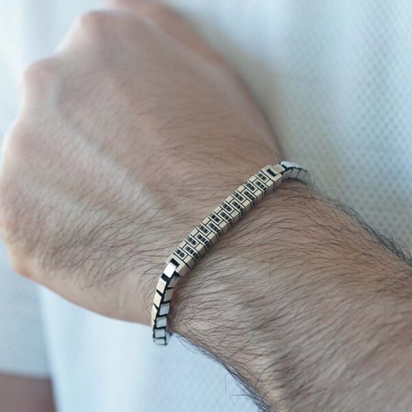 Rhodium Plated Brushed Sterling Silver Black Stones Studded Bracelet - Image 2