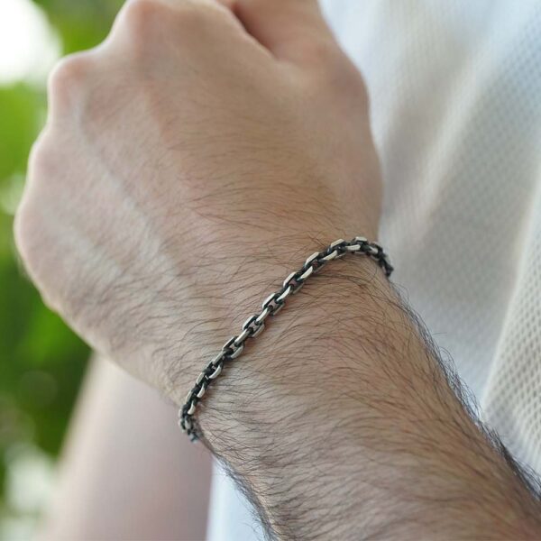 Black Rhodium Plated Brushed Sterling Silver Link Chain Bracelet (Thin) - Image 2